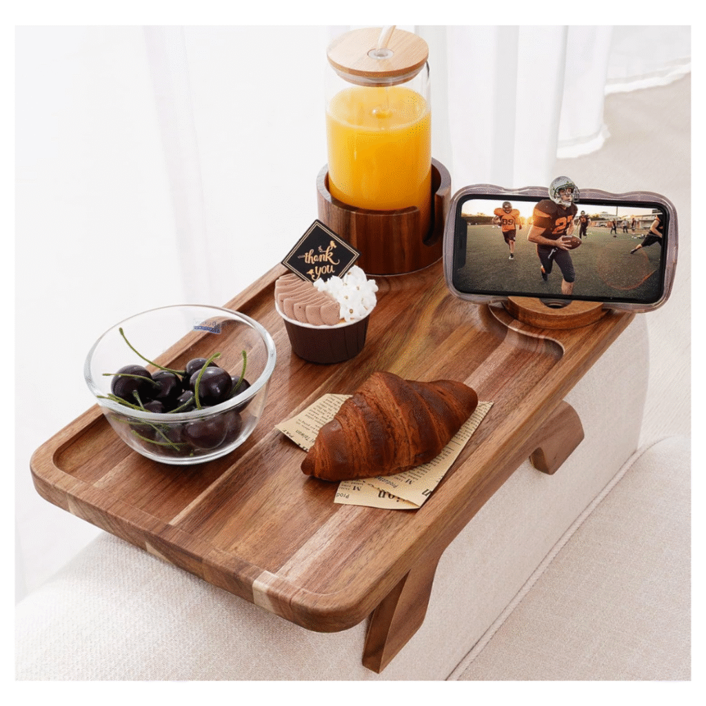 Acacia wood clip-on couch arm tray with cup holder and rotating phone stand