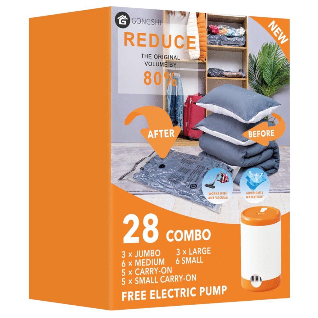 Vacuum storage bag set with electric pump for clothes, bedding and travel space saving