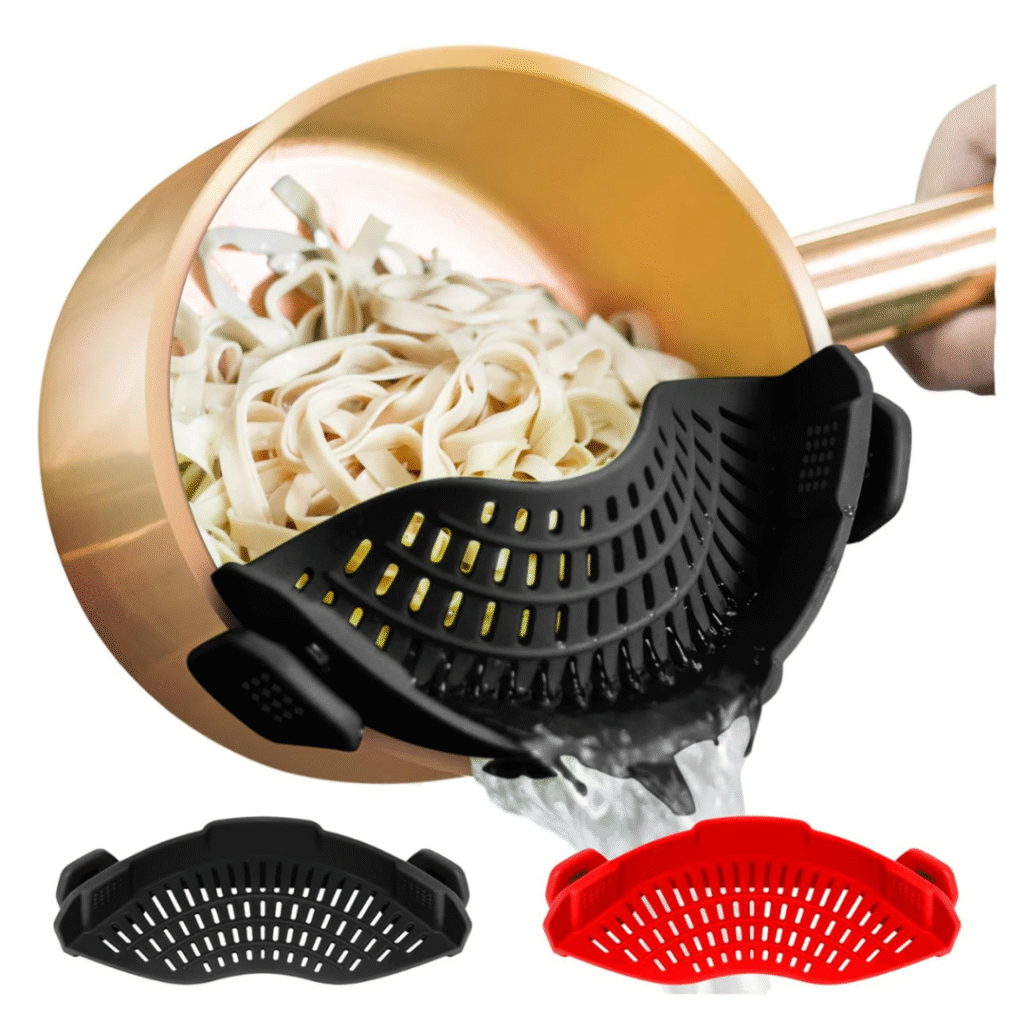 Black and red silicone clip-on pot strainer set for draining pasta and vegetables