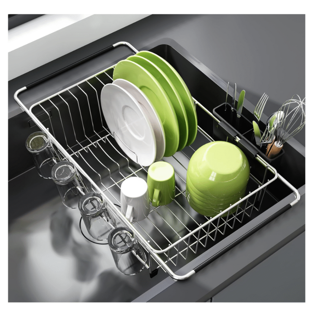 Expandable stainless steel dish drying rack for small kitchen sinks with utensil holder