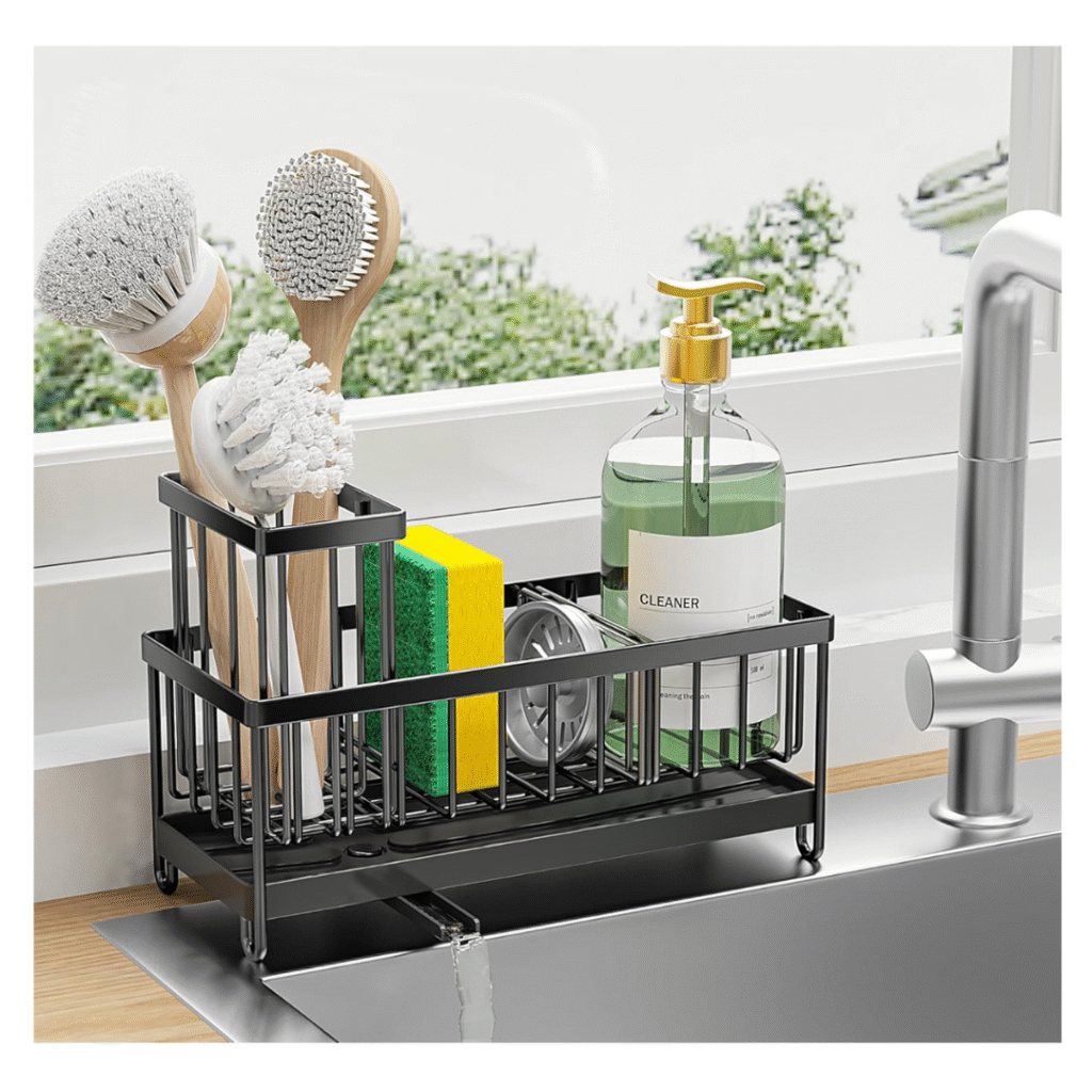 Black stainless steel sponge holder with rotating spout and brush organizer for kitchen sink