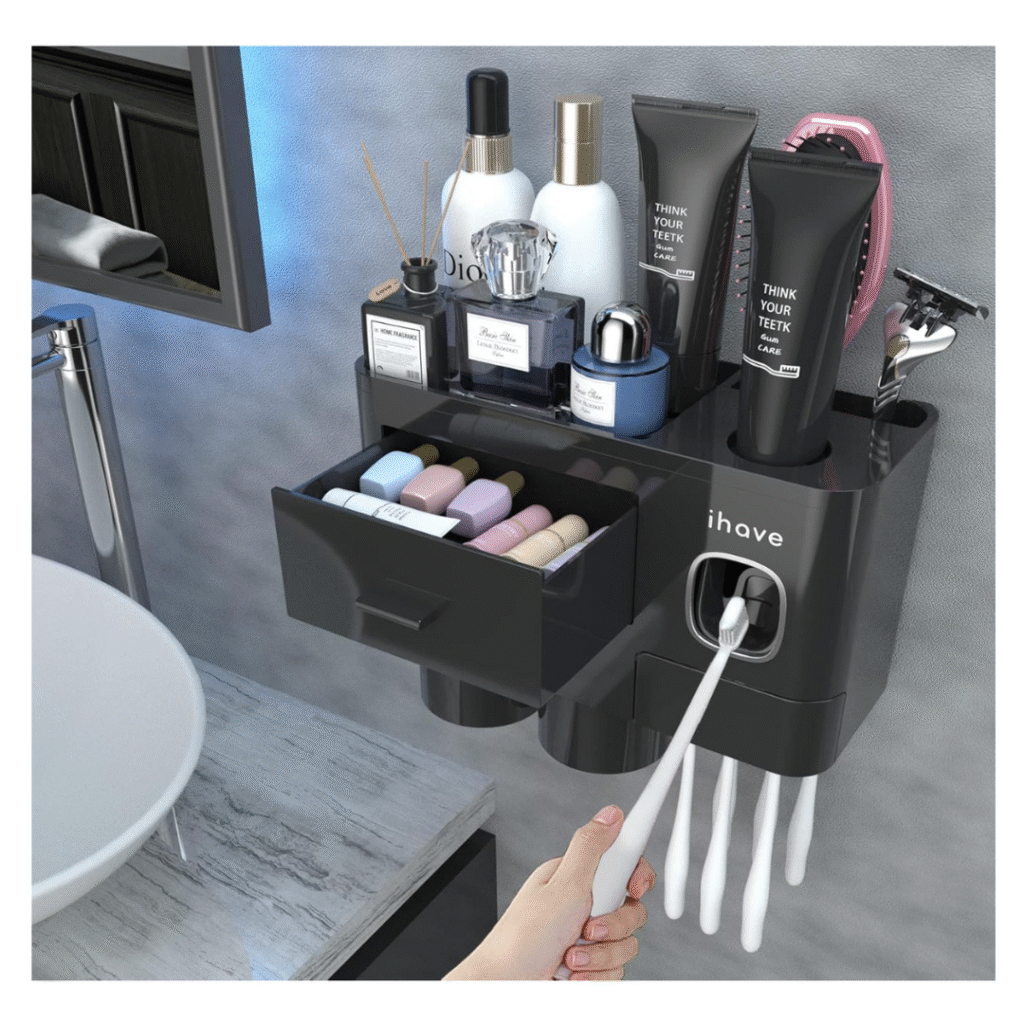 Wall-mounted toothbrush holder with toothpaste dispenser, cups and bathroom storage tray