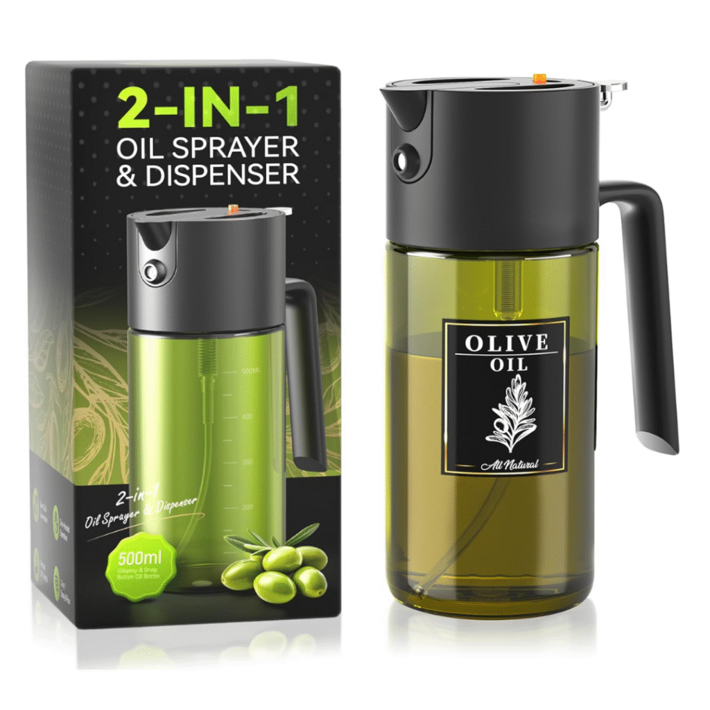 Dark green glass olive oil spray bottle and dispenser with adjustable mist and pour options