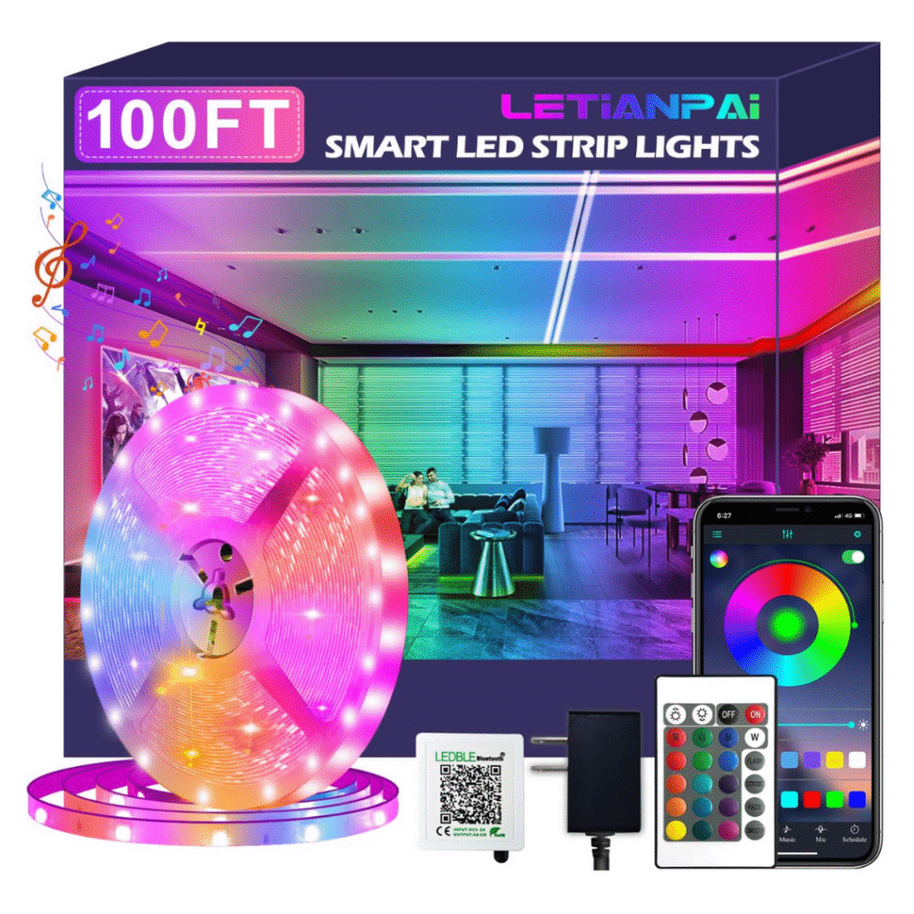 Long RGB LED strip lights with Bluetooth app control and music sync for bedroom or home decor