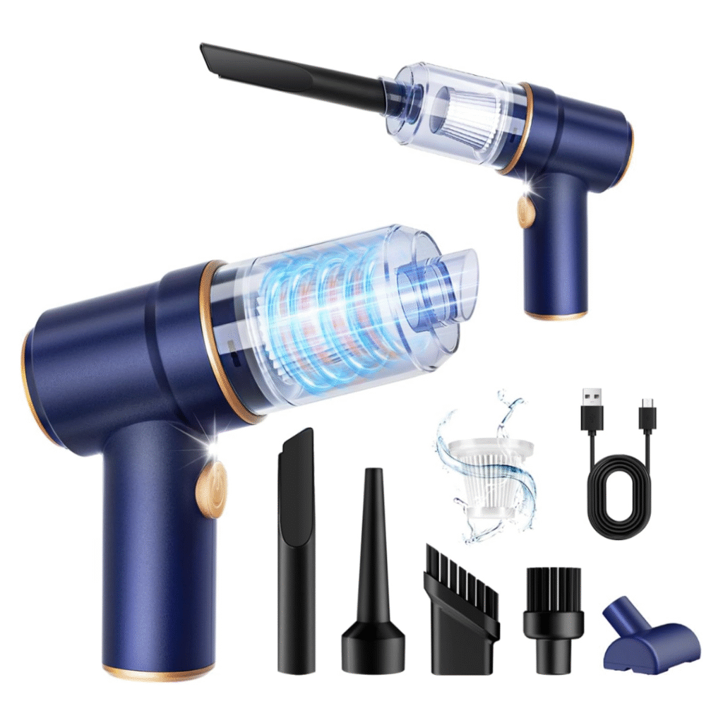 Cordless handheld vacuum cleaner and air duster with LED light and multiple nozzles