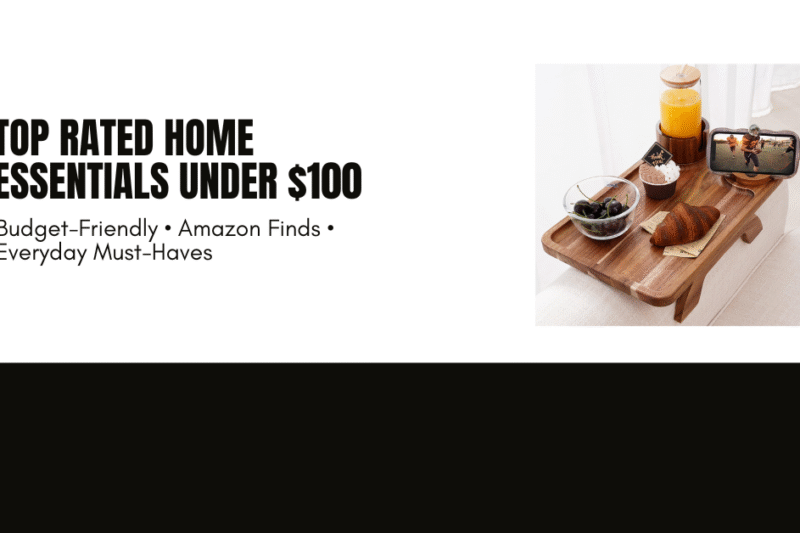 Flat lay of top rated cheap home essentials under $100 including kitchen, storage, and cleaning gadgets on a neutral background.